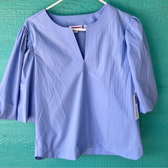 CHICO’S No Iron Stretch Blue Shadow Stripe Top Balloon Sleeves Size Medium NWT - Picture 4 of 9